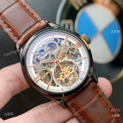 Fake Vacheron Constantin Skeleton Mens Watch Brown Leather Band
